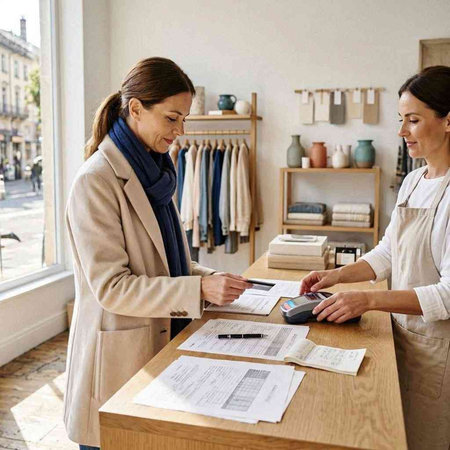 Mature woman customer paying with credit card at cash register in shop