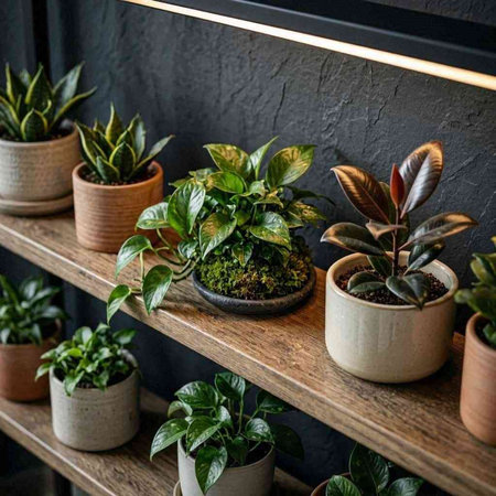 Beautiful houseplants in pots on a wooden shelf in a dark room