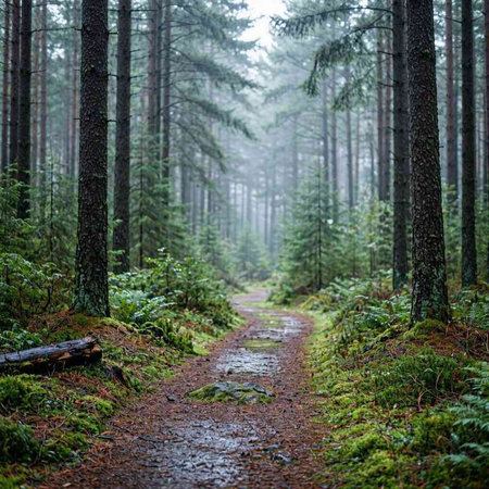 Path in the woods in the foggy morning. Forest trail.