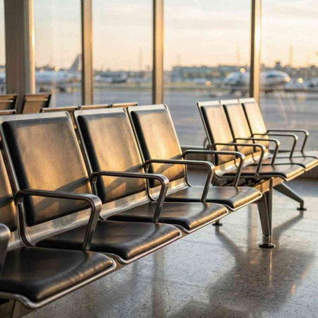 Empty seats in airport terminal waiting area, waiting for flight or departure
