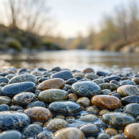 Pebbles on the shore of a small river. Shallow depth of field.