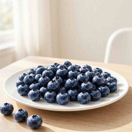 Blueberries on a white plate on a wooden table in the kitchen