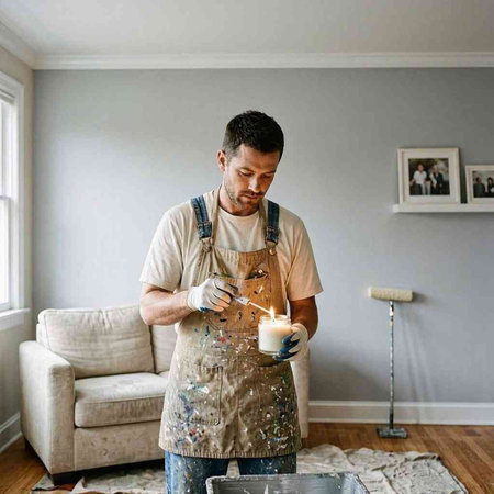 A man in apron paints the wall with white paint in the room.