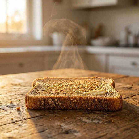 A piece of bread with sesame on a wooden table in the kitchen