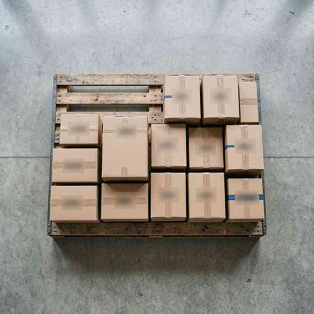 Cardboard boxes on a wooden pallet in warehouse. Top view