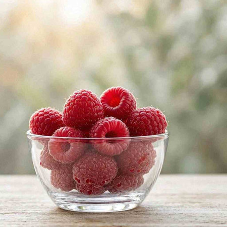 Ripe raspberries in a glass bowl on a wooden background