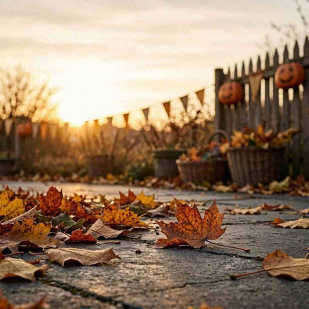 Autumn leaves on the ground in front of a wooden fence.