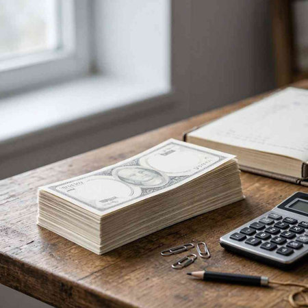 Stack of one hundred dollar bills with calculator and stationery on wooden table