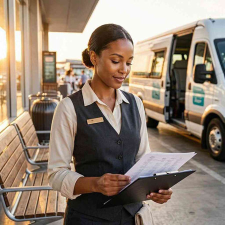 Young African-American businesswoman holding a clipboard while waiting for a bus