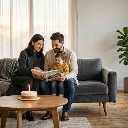 Happy family reading a book together at home. Mother, father and their little daughter sitting on sofa and celebrating birthday