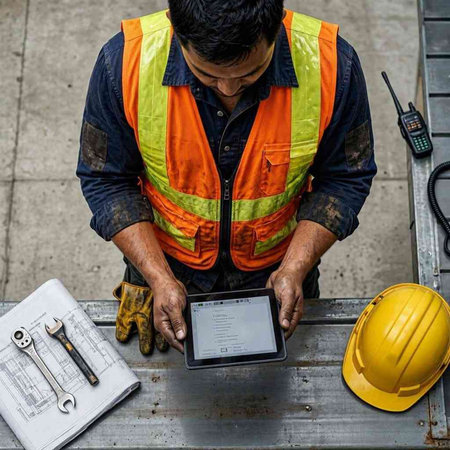 Engineer working with tablet computer at construction site. Engineering concept.