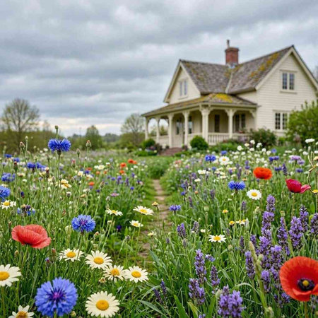A view of a home surrounded by wildflowers and cornflowers.