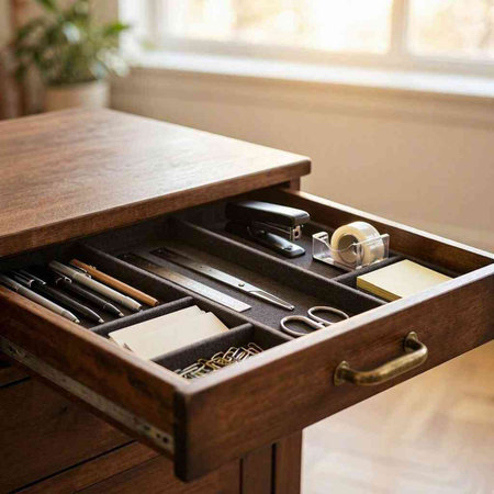 A close up shot of an open drawer with a set of tools