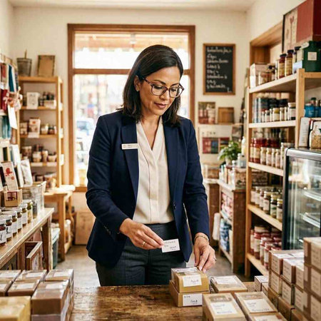 Portrait of a female pharmacist standing at the counter in a drugstore