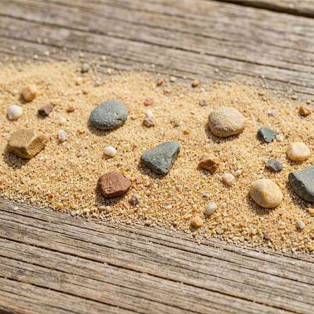 Pebbles on a wooden board on a background of sand.
