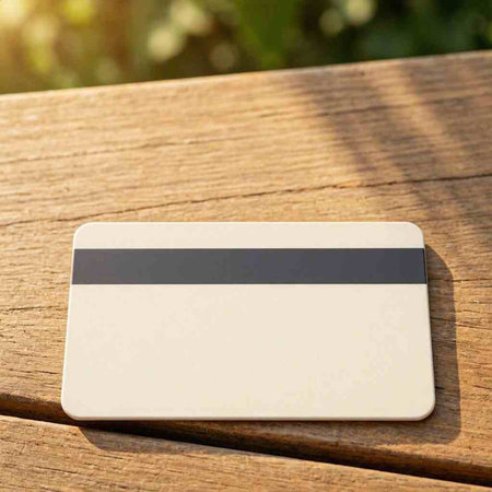 Blank business card on a wooden table in a sunny day.
