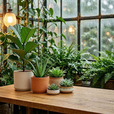 Houseplants in pots on a wooden table in a greenhouse.