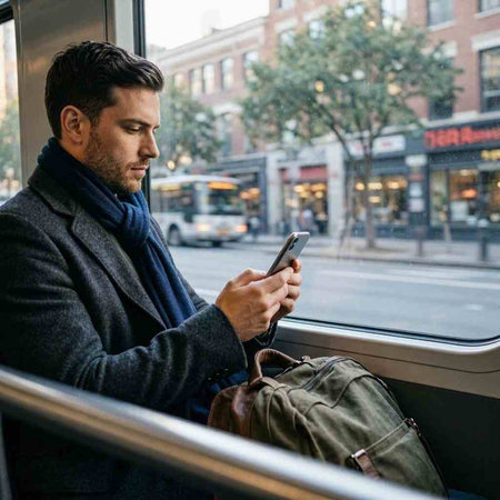 Young handsome man using his mobile phone while sitting in a bus.