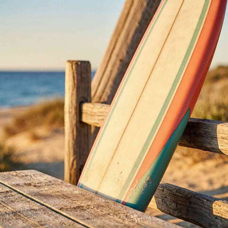 Surfboard on a wooden deck on a sunny day at the beach