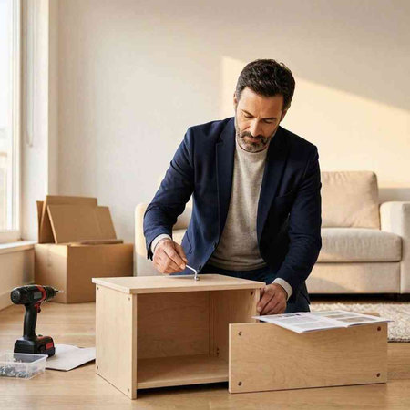 man assembling furniture at new home or office with boxes on the floor
