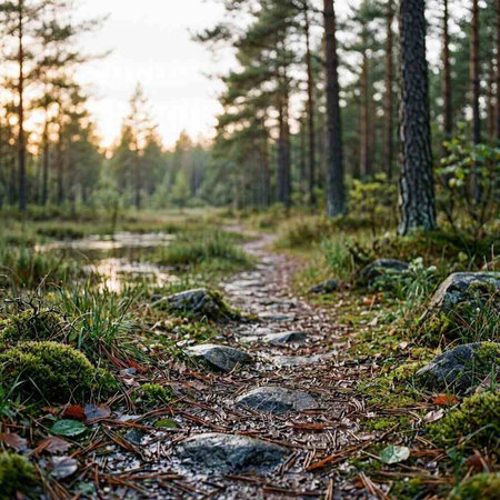 Path in the woods at sunrise. Beautiful nature background. Sweden.