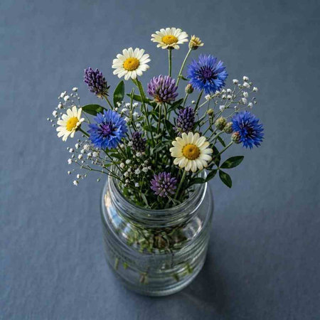 Bouquet of wildflowers in a glass jar on a gray background