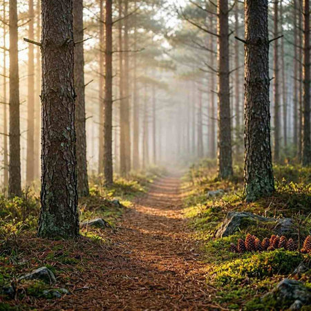 Path in the pine forest at sunrise. Sun rays passing through the trees.