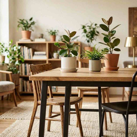 Interior of modern living room with wooden table, chairs and plants