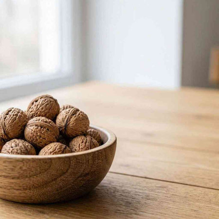 Walnuts in a wooden bowl on a wooden table. Selective focus.