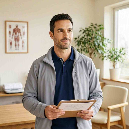 Confident mature man standing in cafe, holding clipboard and looking at camera