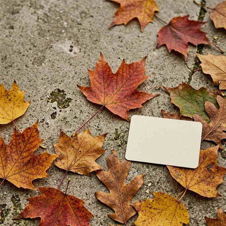 Autumn leaves with blank card on concrete background. Autumn concept.