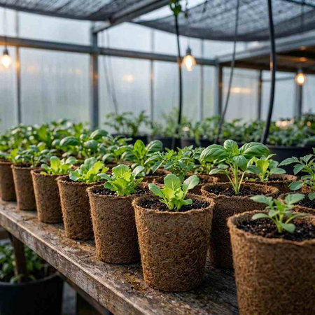 Young seedlings of basil in peat pots in a greenhouse.