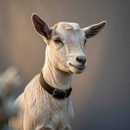 White goat on a gray background. Portrait of a goat.