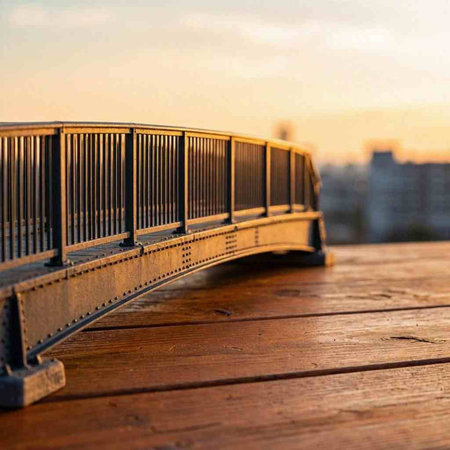 A closeup shot of a bridge on a wooden deck in the evening