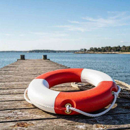 Lifebuoy on a wooden jetty with sea in the background