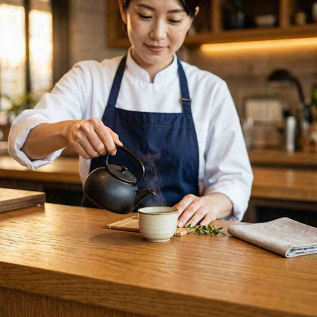 Asian female barista pouring tea in a cup at coffee shop.