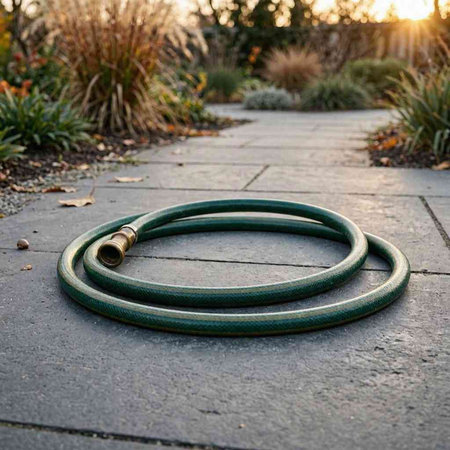 Garden hose on the ground in the garden at sunset. Gardening concept.
