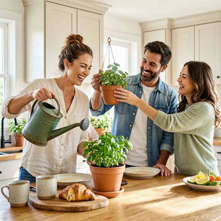 Group of friends having fun in the kitchen at home, watering a plant