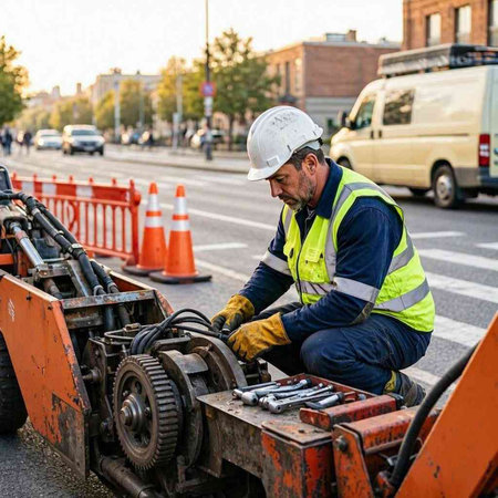 Worker repairing a road construction machine on a city street. Repair concept.