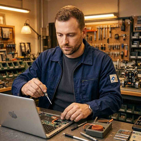 A man in a workwear repairing a laptop in a workshop.