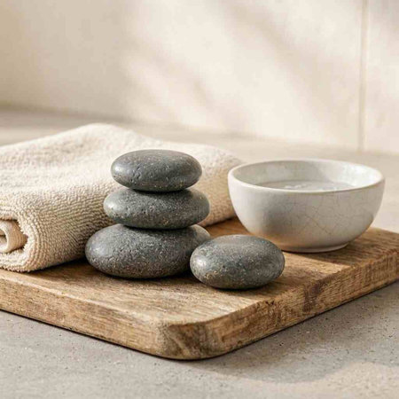 Spa still life with zen stones, bowl and towel on wooden board