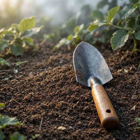 Gardening tools in the garden. Trowel on the ground.