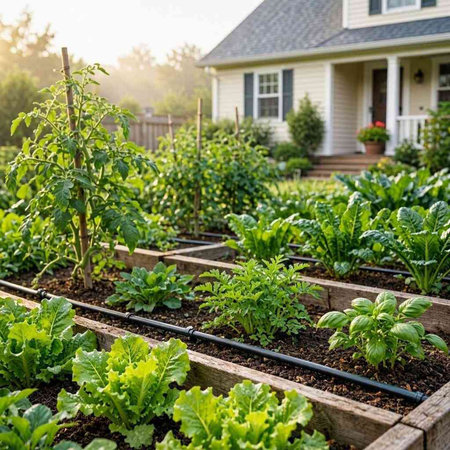 Organic vegetable garden in the morning light. Home gardening concept.
