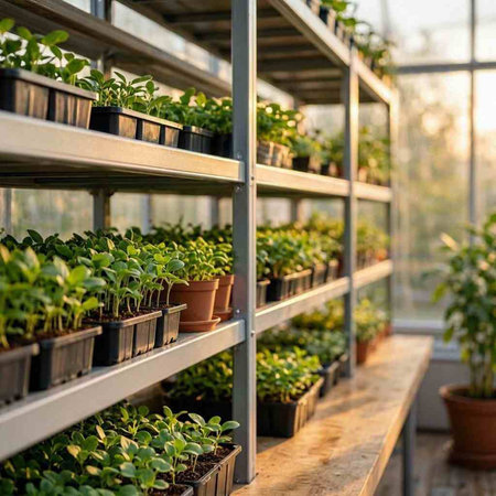 Plant seedlings in pots on the shelves of a greenhouse.