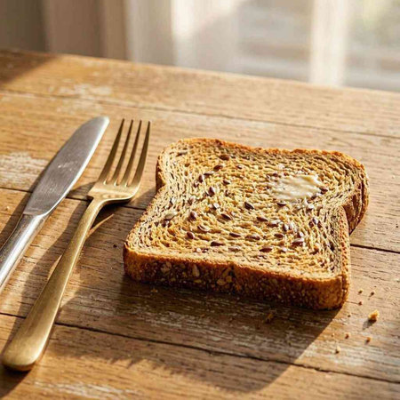 Sliced bread on a wooden table with knife and fork.