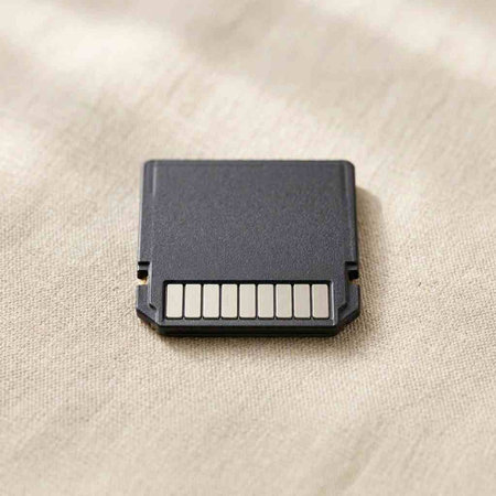Memory card on a linen background, close-up, selective focus