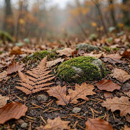 Fern and moss on the ground in the autumn forest. Selective focus.