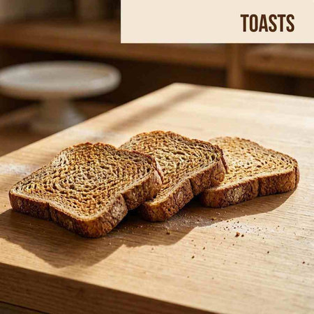 Slices of toast bread on a wooden board in the kitchen