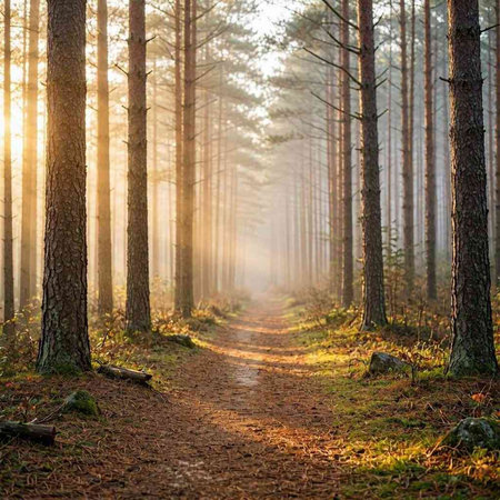 Pathway through the autumn pine forest at sunset. Nature composition.