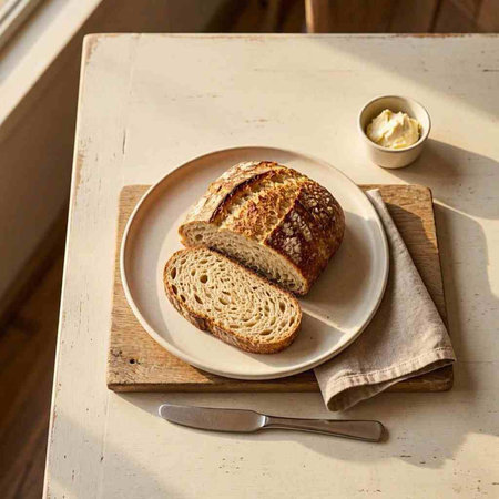 Slices of bread with butter on a rustic wooden table